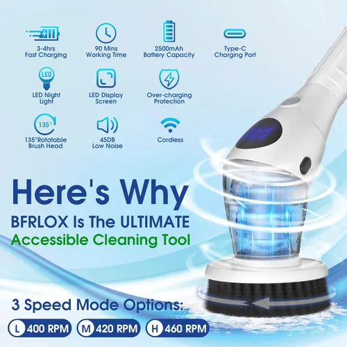 Vista 2 de Limpiador eléctrico giratorio, cepillo de limpieza inalámbrico con 7 cabezales de cepillo reemplazables, mango ajustable y desmontable y 3