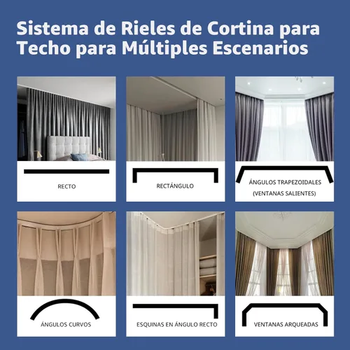 Vista 6 de Cortinas divisoras de habitación, juego de rieles para montaje en el techo, cortinas opacas extra anchas, pistas flexibles para dormitorio, Negro