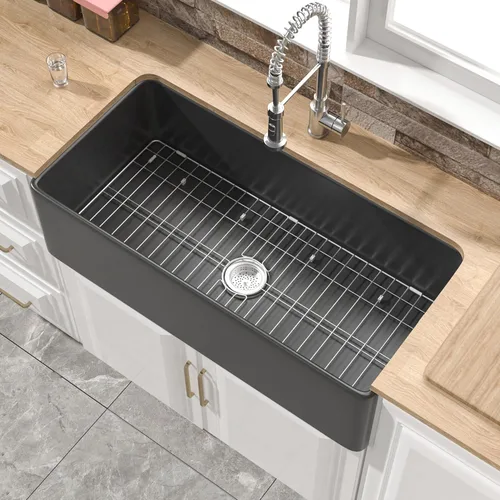 Vista 10 de Fregadero pequeño de granja de 24 x 18 pulgadas, fregadero de granja con delantal Firecaly, cuenco individual resistente, con accesorios 2 tipos