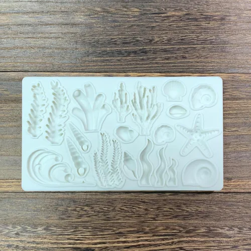 Vista 3 de Tema marino, concha, estrella de mar de coral, algas, algas marinas, fondant, artesanía de azúcar, decoración de pasteles, decoración de cupcakes