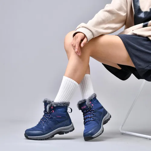 Vista 5 de Moodeng Botas de invierno para mujer, botas de nieve cálidas, resistentes al agua, antideslizantes, ligeras, con cordones