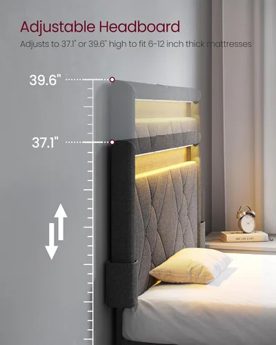 Vista 7 de VASAGLE Base de cama LED tamaño individual, cama individual con cabecera y 4 cajones, 1 puerto USB y 1 puerto tipo C, cabecera tapizada ajustable