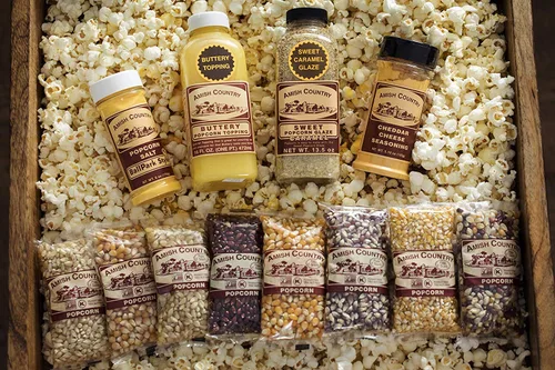 Vista 2 de Amish Country Popcorn Juego de regalo variado de 8 a 4 onzas con cobertura de mantequilla, glaseado de caramelo dulce, sal de estadio y condimento