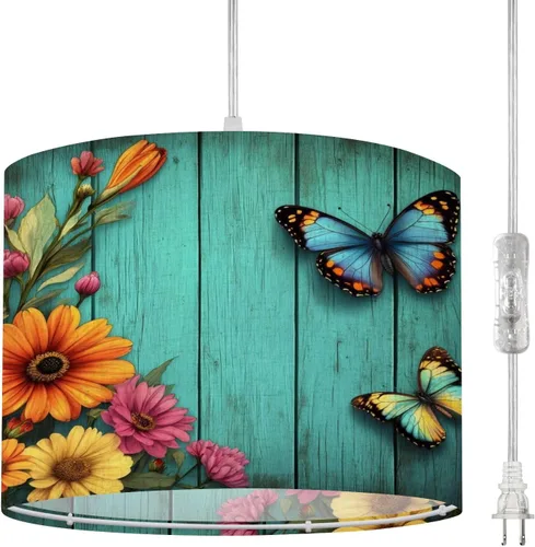 Vista 8 de Boho Plug in Pendant Light Sleek Black Cats Vibrant Atomic Patterns 1960s Design 16.4ft Plug in Cord Dimmable Hanging Lamp Fabric Lamp Shade Pendant