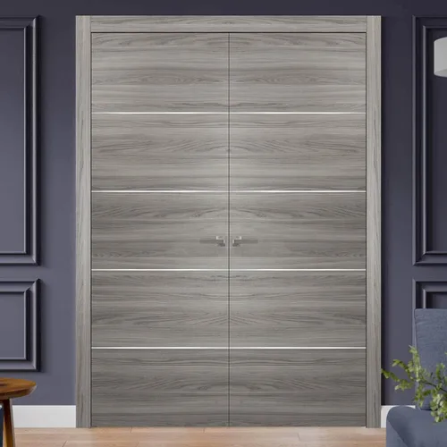Vista 2 de Puertas francesas modernas grises de 36 x 80 pulgadas con molduras Planum 0020 Ginger Ash Manija de níquel satinado Puerta de núcleo sólido