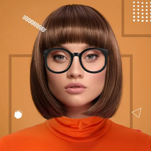 Vista 4 de Halloween Women Costume Set, Orange Turtleneck Mini Stretch Flared Skirt, Turtleneck Crop Top, High Socks, Glasses