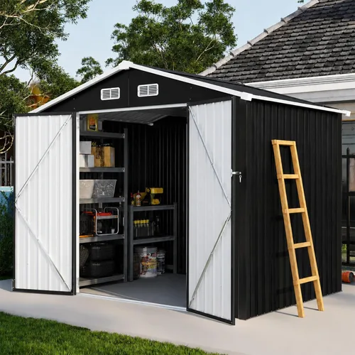 Vista 15 de Aoxun Cobertizo de almacenamiento de acero para jardín al aire libre de 6 x 4 pies con puerta con bloqueo impermeable y resistente a la oxidación