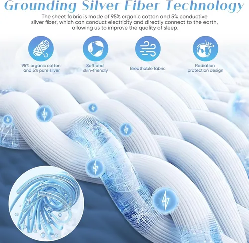 Vista 3 de Grounding Sheet Tamaño Queen - 95% Algodón Orgánico + 5% Fibra de Plata Pura, Ropa de Cama Conectada a la Tierra (60"x 80"x 13" Gris) Ajustable