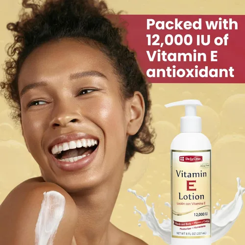 Vista 3 de De La Cruz Loción de vitamina E para piel seca 12,000 UI con aceite de aguacate, aceite de almendras y aloe vera. Crema hidratante de vitamina e