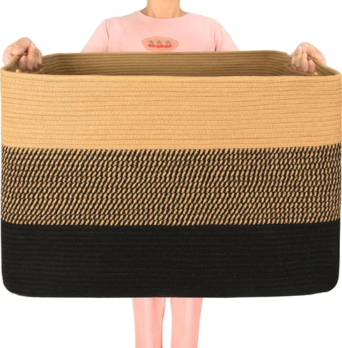 Vista 11 de MINTWOOD Design 112L Canasta Extra Grande para Mantas con Soporte para Sala de Estar, 25"x17"x16" Canasta de Almacenamiento de Cuerda Tejida