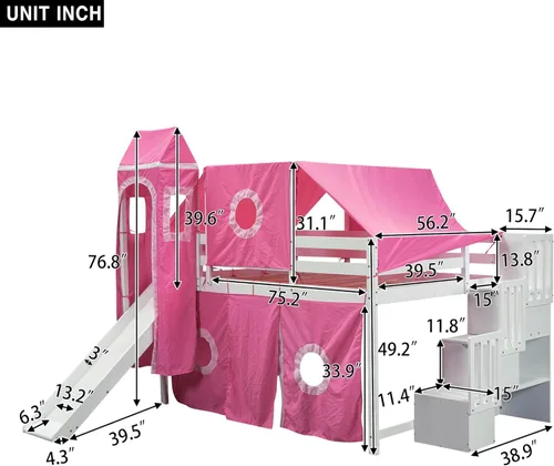 Vista 100 de Cama de casa de tamaño individual con elegantes ventanas y estantería, litera con diseño de castillo de madera con barandillas de seguridad