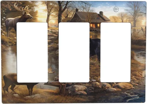 Vista 93 de Bear Moose Lodge Woodland - Placa de interruptor de luz dúplex individual de 1 banda, cubierta de salida decorativa de pared, placa frontal