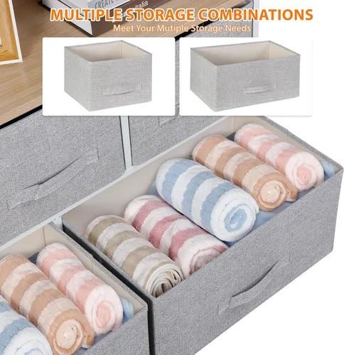 Vista 24 de Cómoda de tela con 5 cajones para almacenamiento, baúl de tela con cesta profunda, marco de acero resistente y parte superior de madera, Gris claro