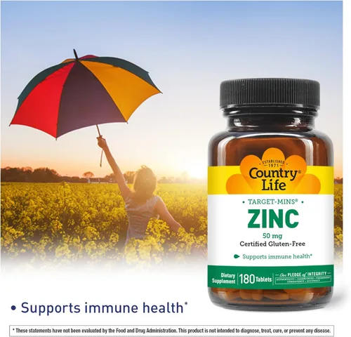 Vista 4 de Country Life Zinc 50 mg, Target Mins, 180 Tabletas, Certificado Sin Gluten, Certificado Vegetariano