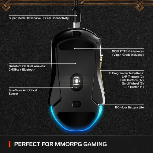 Vista 3 de SteelSeries Aerox 9 Wireless: World of Warcraft Edition - Artículo gratuito en el juego - Mouse MMO Gaming - 18 botones programables - Ligero