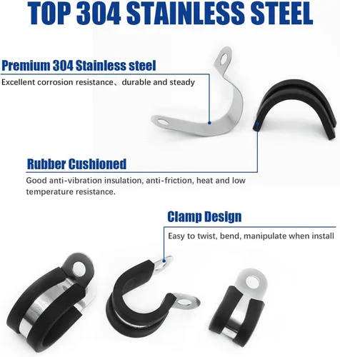 Vista 3 de Kit surtido de 106 abrazaderas de cable, (0.23 a 0.79 pulgadas) - Abrazadera de tubo aislada acolchada de acero inoxidable 304, abrazadera de bucle