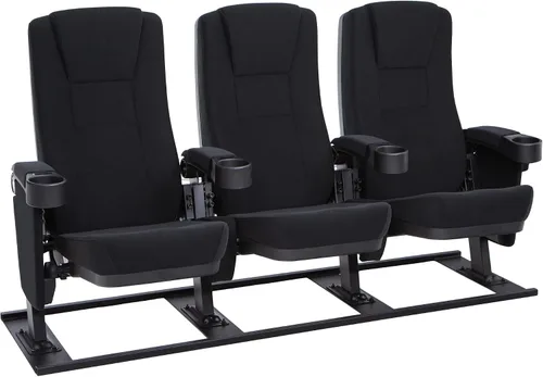 Seatcraft Zenith - Asiento de cine de tela negra, sin taladro, base reclinable independiente con reposabrazos abatibles y portavasos, superficie de