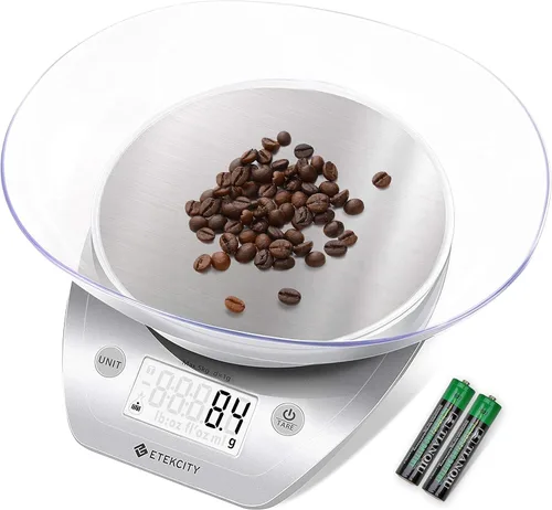Vista 2 de Etekcity Báscula digital de cocina, 11 libras/0.00 oz, acero inoxidable plateado, pantalla LCD, apagado automático, función de tara, cuenco