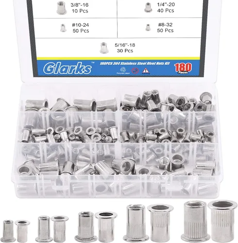 Glarks 180 piezas #8-32#10-24 1/4"-20 5/16"-18 3/8"-16 UNC Kit surtido de tuercas remachables 304 de acero inoxidable cabeza plana roscado inserción