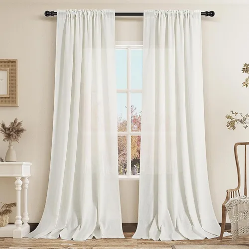 Vista 68 de Guken Cortinas de lino verde aguamarina de 84 pulgadas de largo, juego de 2 paneles semitransparentes con bolsillo para barra para comedor