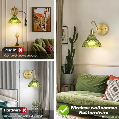 Vista 7 de Juego de dos apliques de pared vintage que funcionan con pilas, para interiores, no cableados, de latón y cristal verde, luces de pared RGB