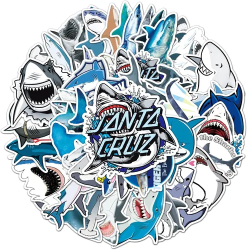 Vista 4 de 50 calcomanías de tiburón para niños, tiburón oceánico, impermeables, calcomanías de vinilo y calcomanías para bicicleta, botella de agua, laptop