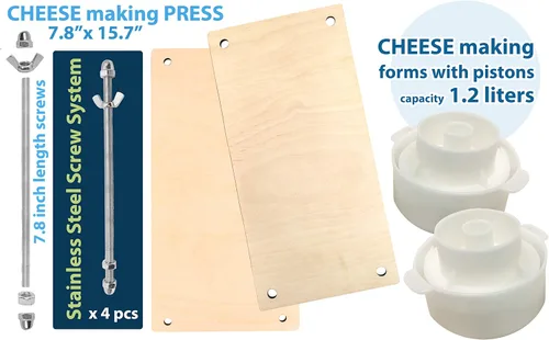 Vista 9 de Prensa de queso de madera para suministros de fabricación de queso, guías de metal de 16 pulgadas y 2 moldes de queso con pistón seguidor de 1.3