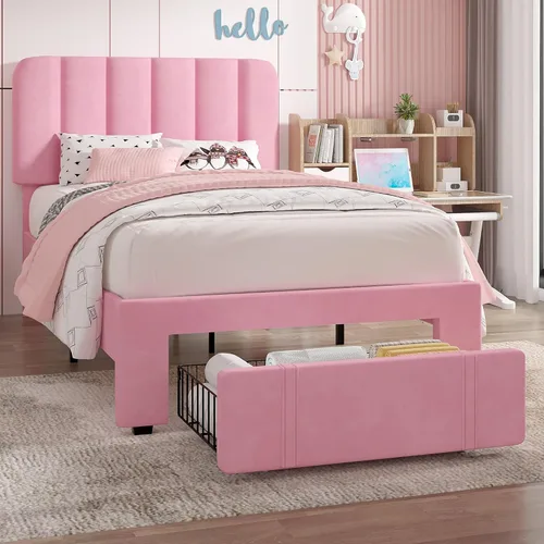 Vista 30 de VECELO Base de cama tapizada de tamaño matrimonial con 4 cajones y cabecero, plataforma de terciopelo, soporte de listones de madera, no necesita