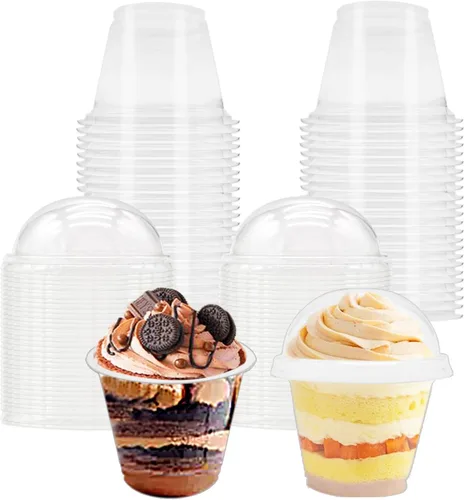 Vista 8 de Szsrcywd Paquete de 100 tazas transparentes de postre de 9 onzas con tapas de cúpula, vasos desechables de plástico para yogur (sin agujeros)