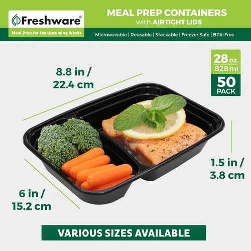 Vista 4 de Freshware Contenedores de preparación de comidas [paquete de 50] 2 compartimentos con tapas, contenedores de almacenamiento de alimentos, caja