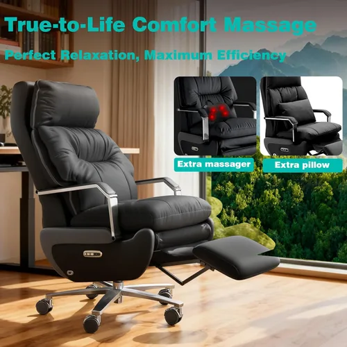 Vista 6 de Silla de oficina reclinable ejecutiva con doble motor con reposapiés, reclinable eléctrico con un solo clic con masaje y soporte de almohada, silla