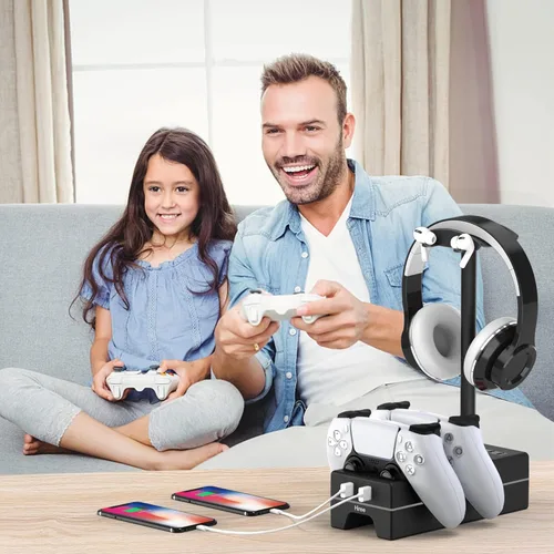 Vista 7 de PS5 Controller Charger with USB Charging Port and AC Outlet, RGB DualSense Charging Station Dock for Playstation 5 Controllers with Headphone Stand