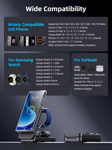 Vista 5 de Cargador inalámbrico magnético 3 en 1 para Samsung, estación de carga plegable Android para Galaxy S26/S25 Ultra /S24/Z Fold 7/Flip 7, soporte