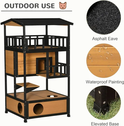 Vista 6 de 3-Tier Outdoor Cat House with Escape Doors and Removable Litter Box