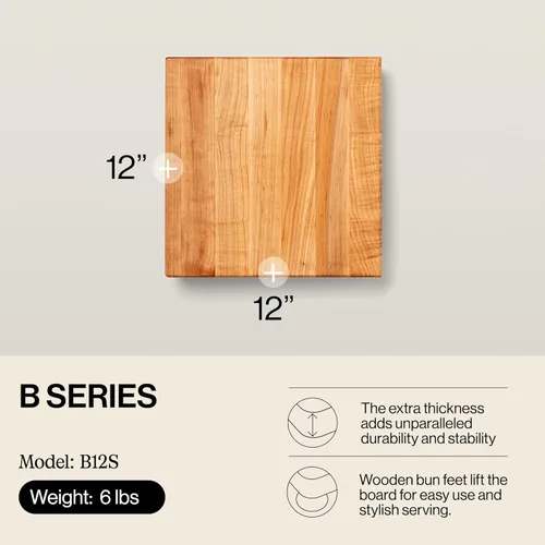 Vista 2 de John Boos Tabla de Cortar Cuadrada de Madera de Arce Serie B 12"x12" – 1.5" de Espesor, 6 libras Bloque de Carnicero No Reversible con Patas