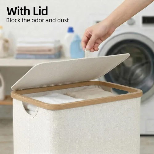 Vista 2 de efluky Cesta de lavandería delgada con tapa, cesta estrecha para la ropa sucia con bolsa extraíble, cesta de ropa sucia delgada con asas de bambú