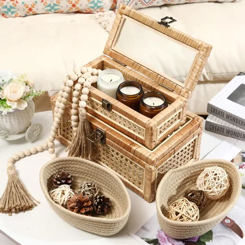 Vista 5 de Juego de 2 cajas decorativas de ratán bohemio con tapa de vidrio, cajas apilables rectangulares de caña tejida para exhibir cestas rústicas