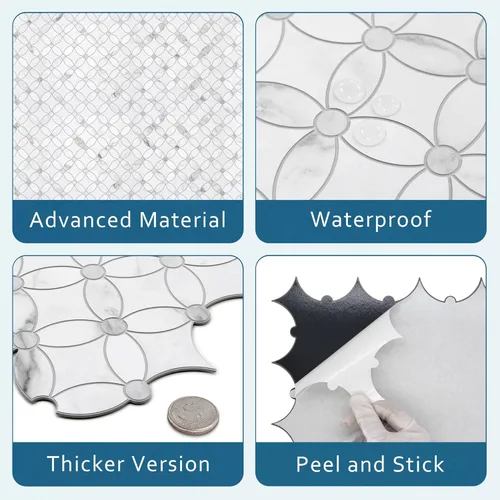 Vista 3 de SUNWINGS Azulejos Autoadhesivos de Moneda de Despegar y Pegar de 10 Hojas con Chorro de Agua para Salpicadero, Paneles de Pared de Mármol Blanco