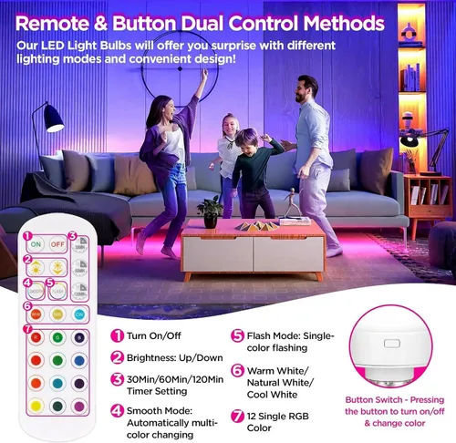 Vista 4 de Yochoice Bombilla LED Recargable con Batería y Control Remoto, Bombilla LED Desmontable Regulable de 350LM con 15 Colores Seleccionables y 3