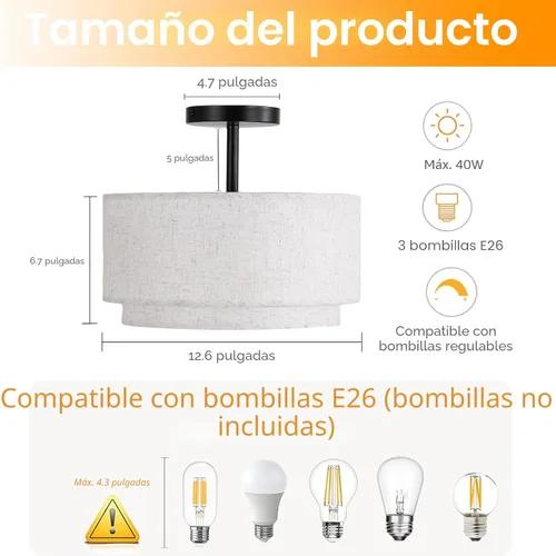 Vista 2 de Vexagyle Lámpara de techo de montaje empotrado de 12.6 pulgadas, lámpara de techo moderna de 3 luces cerca del techo con pantalla de tela de lino