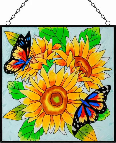Colgantes de ventana de girasol y mariposa, panel de cristal de 11 pulgadas con cadena para colgar en la ventana, regalos para amantes de las