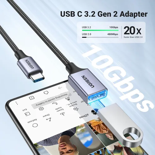 Vista 3 de UGREEN Adaptador USB C a USB 3.0 de 5 Gbps OTG Cable tipo C macho a USB A hembra de nailon trenzado de aluminio compatible con iPhone 15 Plus Pro