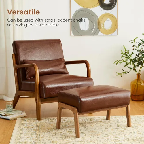 Vista 3 de Glitzhome Juego de 2 bancos otomanos rectangulares, moderno reposapiés de cuero sintético café con patas de madera de caucho de nogal para sala
