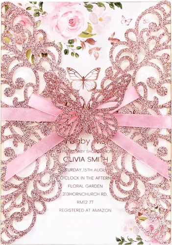 Vista 8 de 50 invitaciones de boda con purpurina dorada con sobres y tarjetas RSVP, kit de invitación de corte láser con cinta de mariposa para boda, despedida