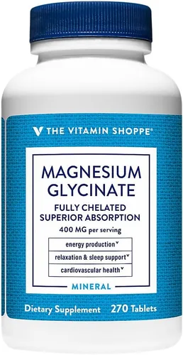 The Vitamin Shoppe Glicinato de magnesio 400 mg, magnesio totalmente quelado para una absorción superior, apoya la producción de energía, relajación