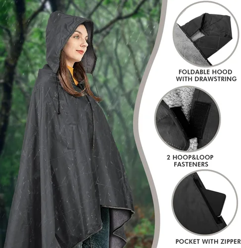 Vista 2 de DUKUSEEK Manta de campamento impermeable Sherpa con capucha, cálida manta de forro polar grande para estadio al aire libre para automóvil, barco