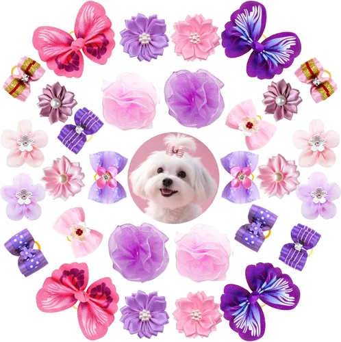 30 lazos rosados para el pelo de perros con diamantes de imitación para perros pequeños y medianos, lazos anudados con mariposas y perlas de flores,