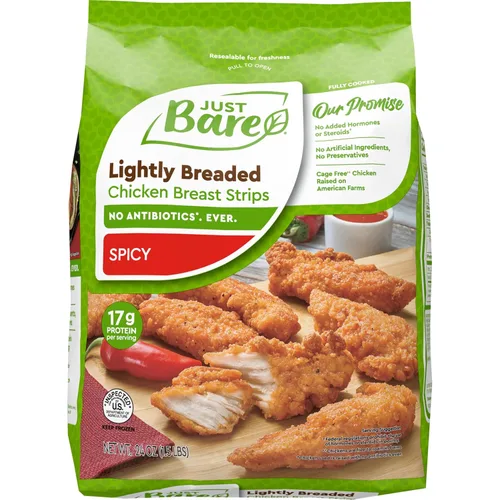 Vista 10 de Just Bare Tiras de pechuga de pollo ligeramente empanadas Totalmente cocidas 0.56 oz de proteína Congeladas 1.50 libras