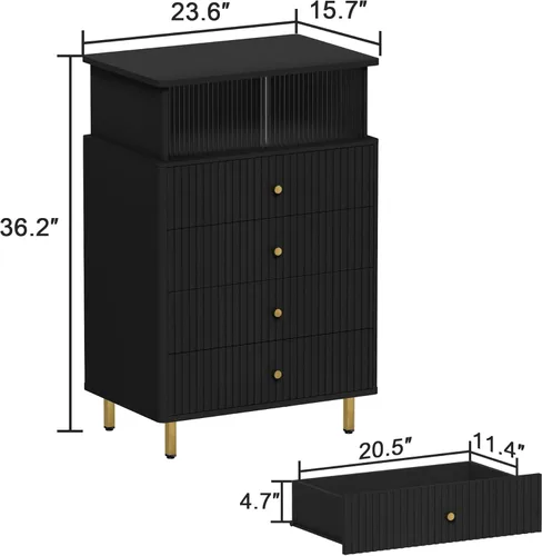 Vista 2 de ChooChoo Cómoda para dormitorio con gran capacidad, cómoda de 4 cajones con LED y acrílico, cómoda moderna blanca y dorada, cómoda con espacio