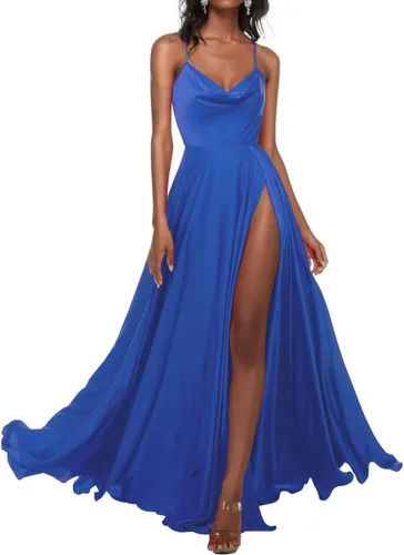 Vestidos largos de graduación con tirantes delgados fruncidos de satén con espalda abierta, vestido formal de noche con abertura